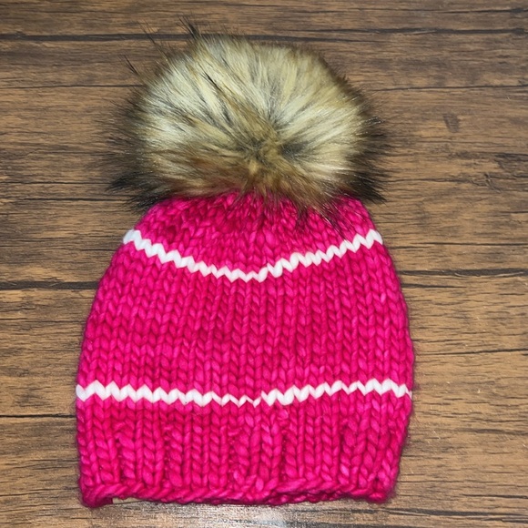 NWT Allie Caps Handknit Pink and White Ski Beanie with Pom Pom- OS - Picture 2 of 8